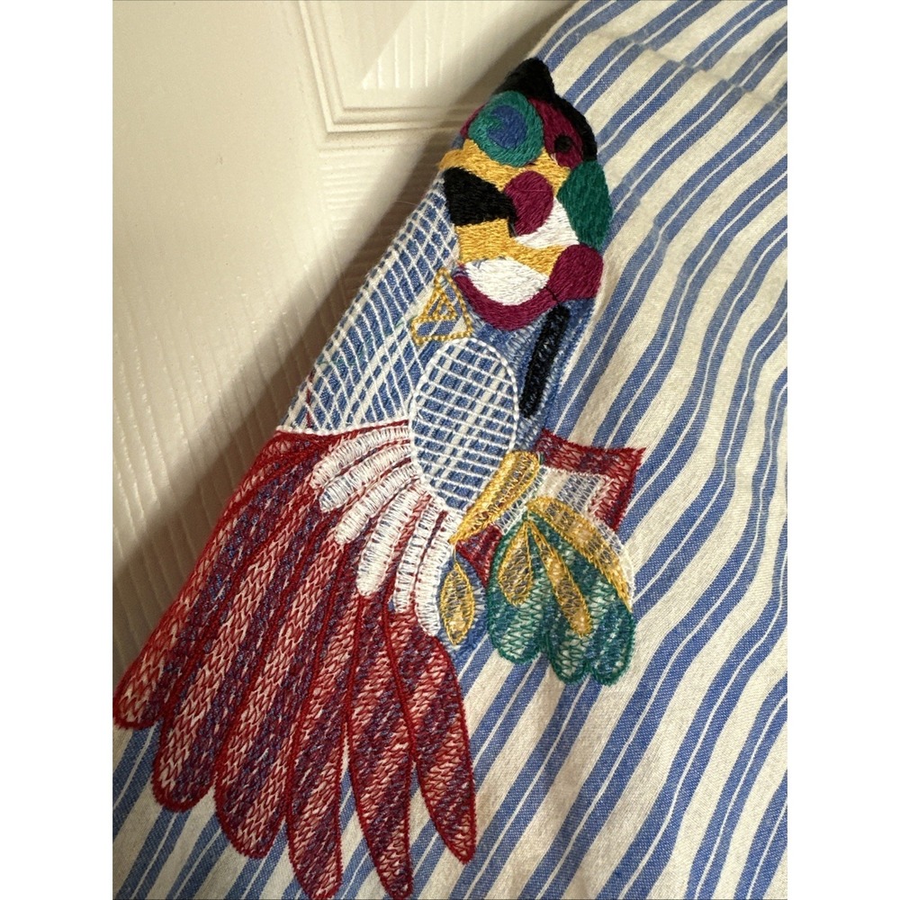 Anthropologie Seen Worn Kept Parrot Embroidered Sleeve Blouse Sz 4 Striped Boho - Picture 8 of 9